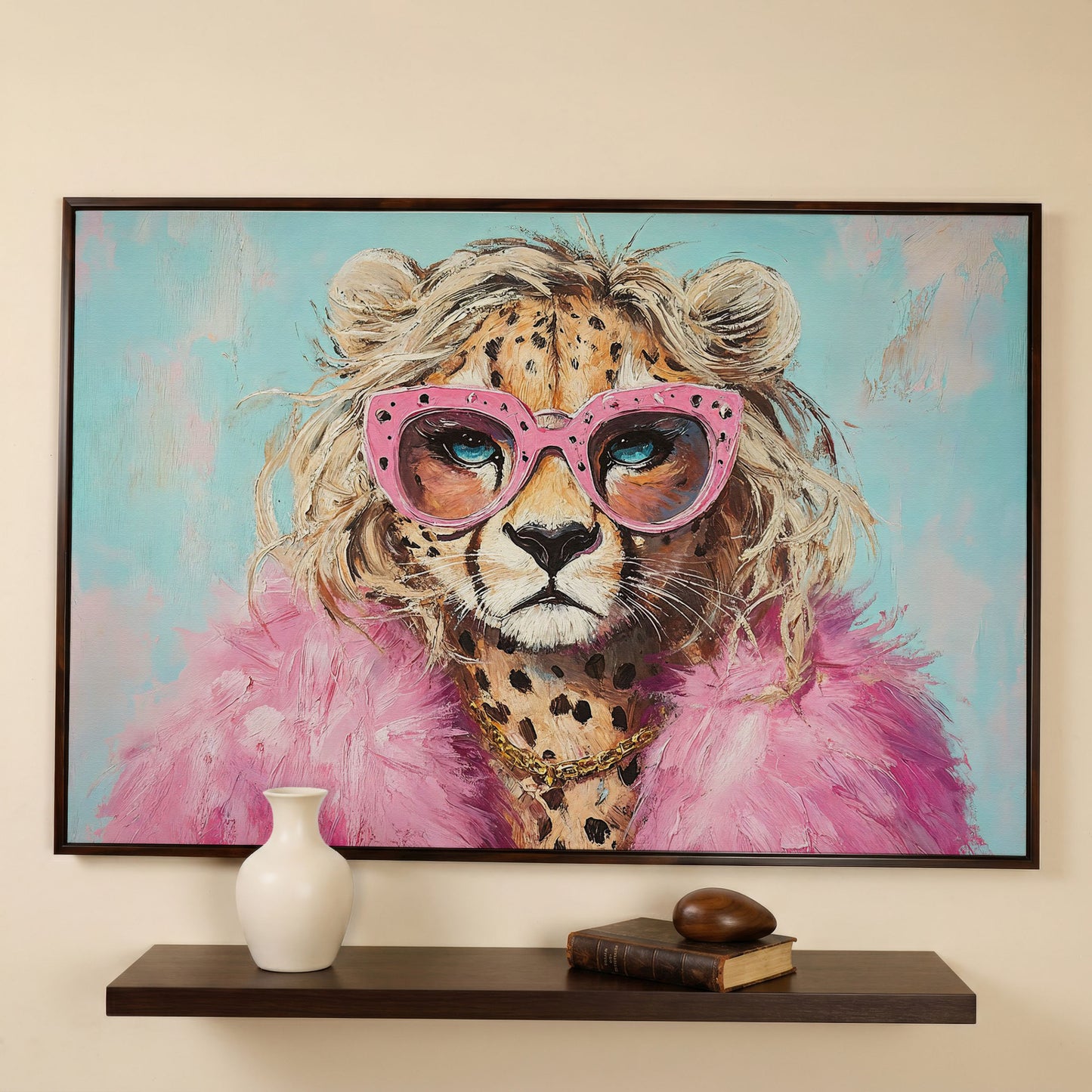 Leopard in Pink Sunglasses Canvas in dark walnut floating frame