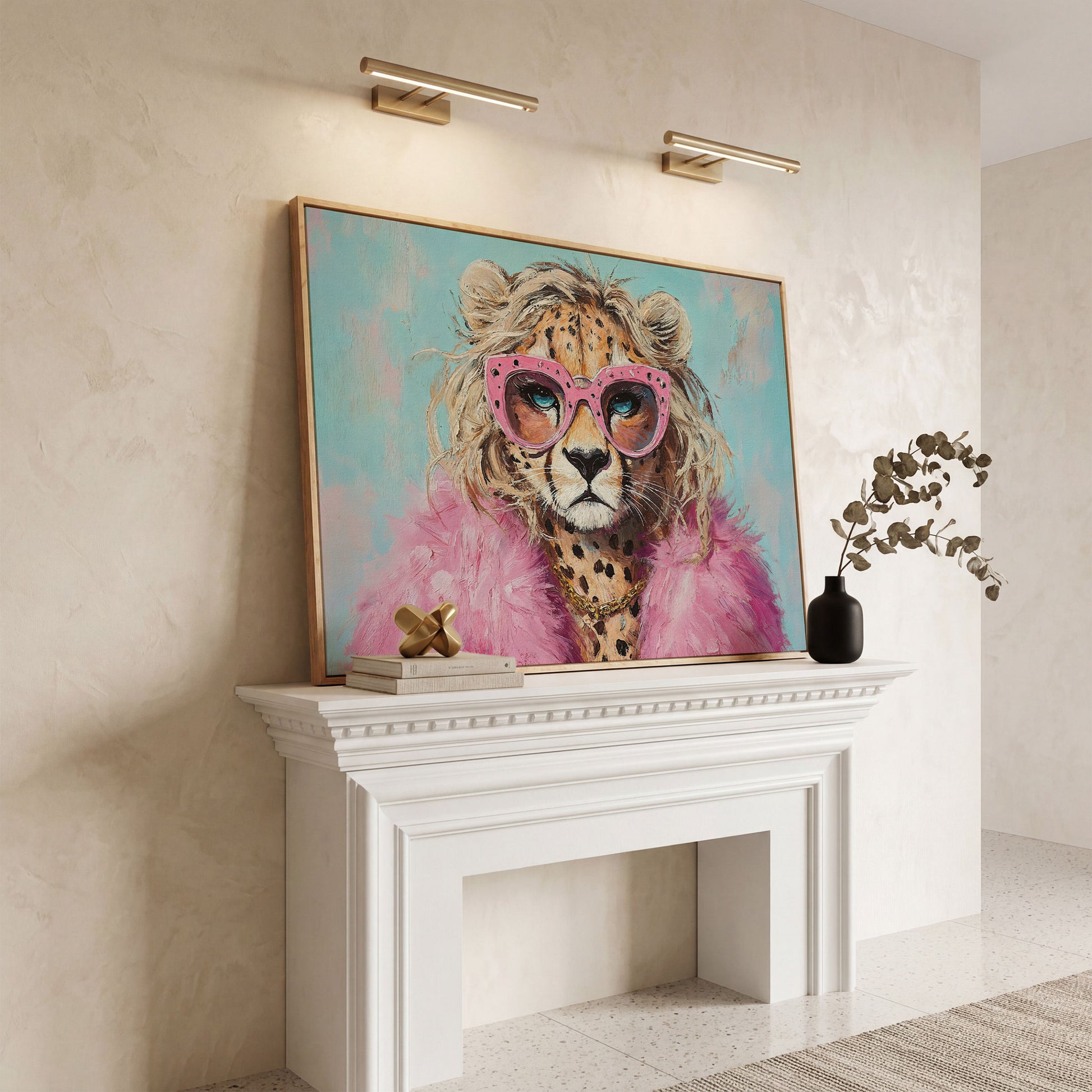 Leopard in Pink Sunglasses Canvas in white oak floating frame