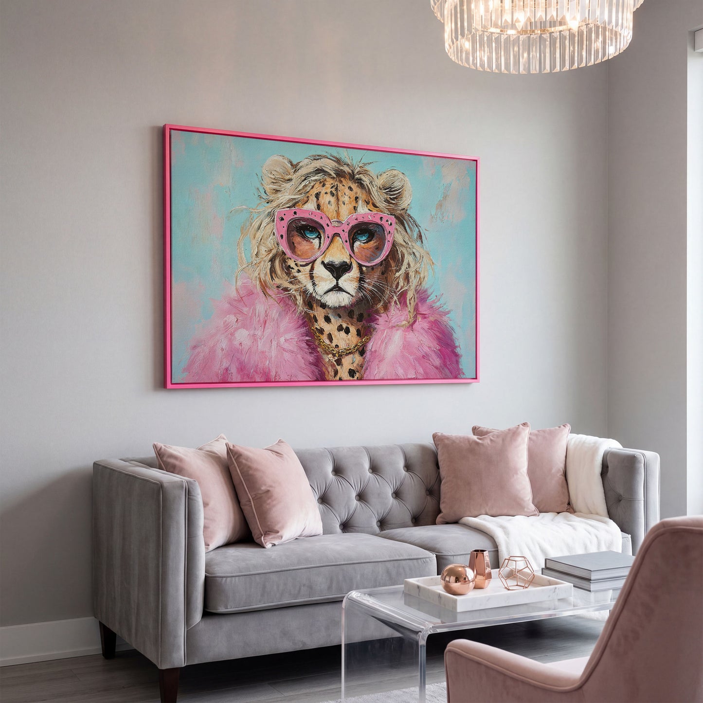 Leopard in Pink Sunglasses Canvas in pink floating frame