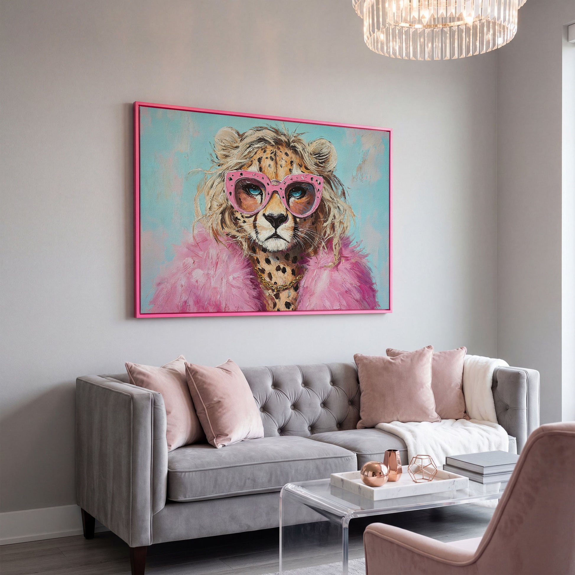 Leopard in Pink Sunglasses Canvas in pink floating frame