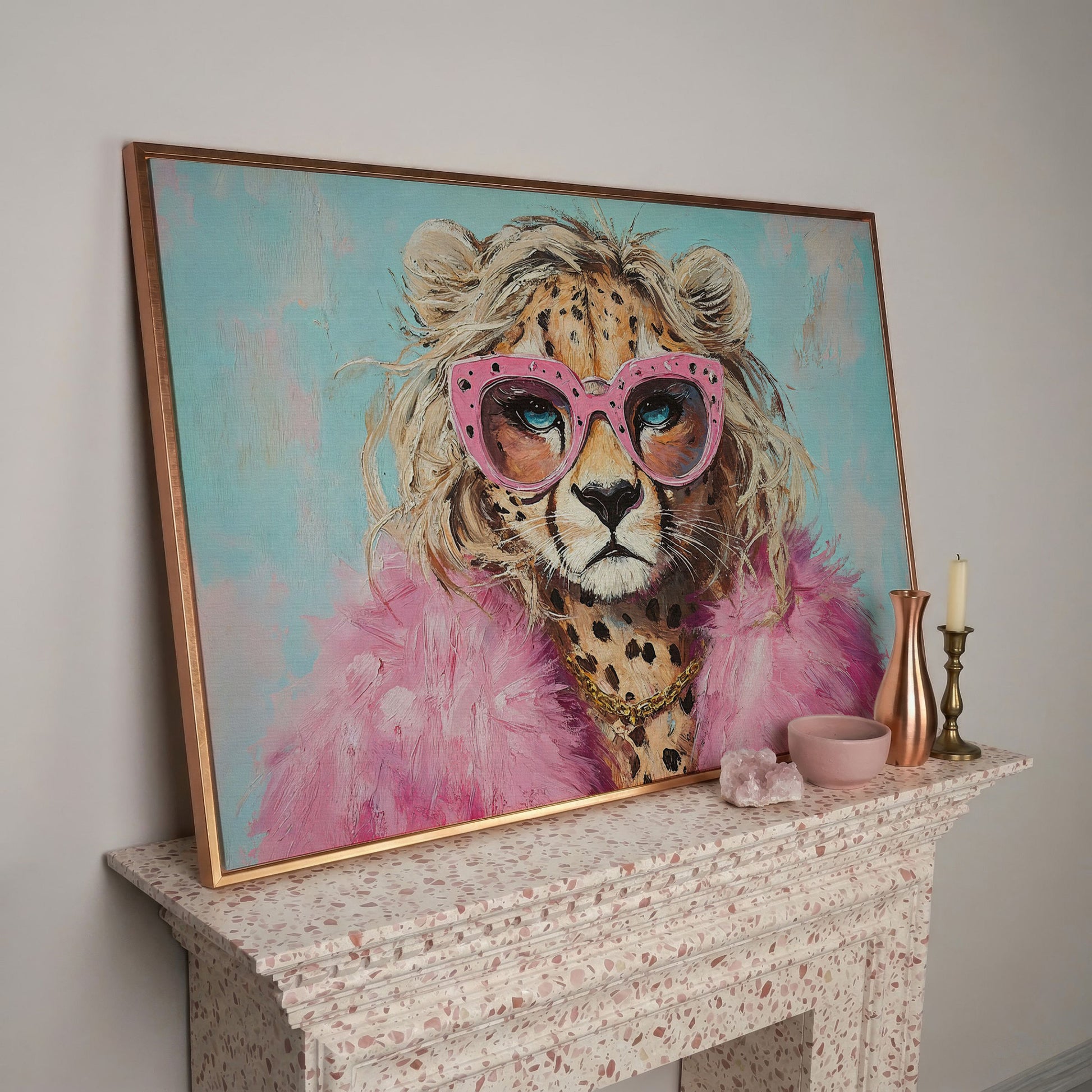 Leopard in Pink Sunglasses Canvas in rose gold floating frame