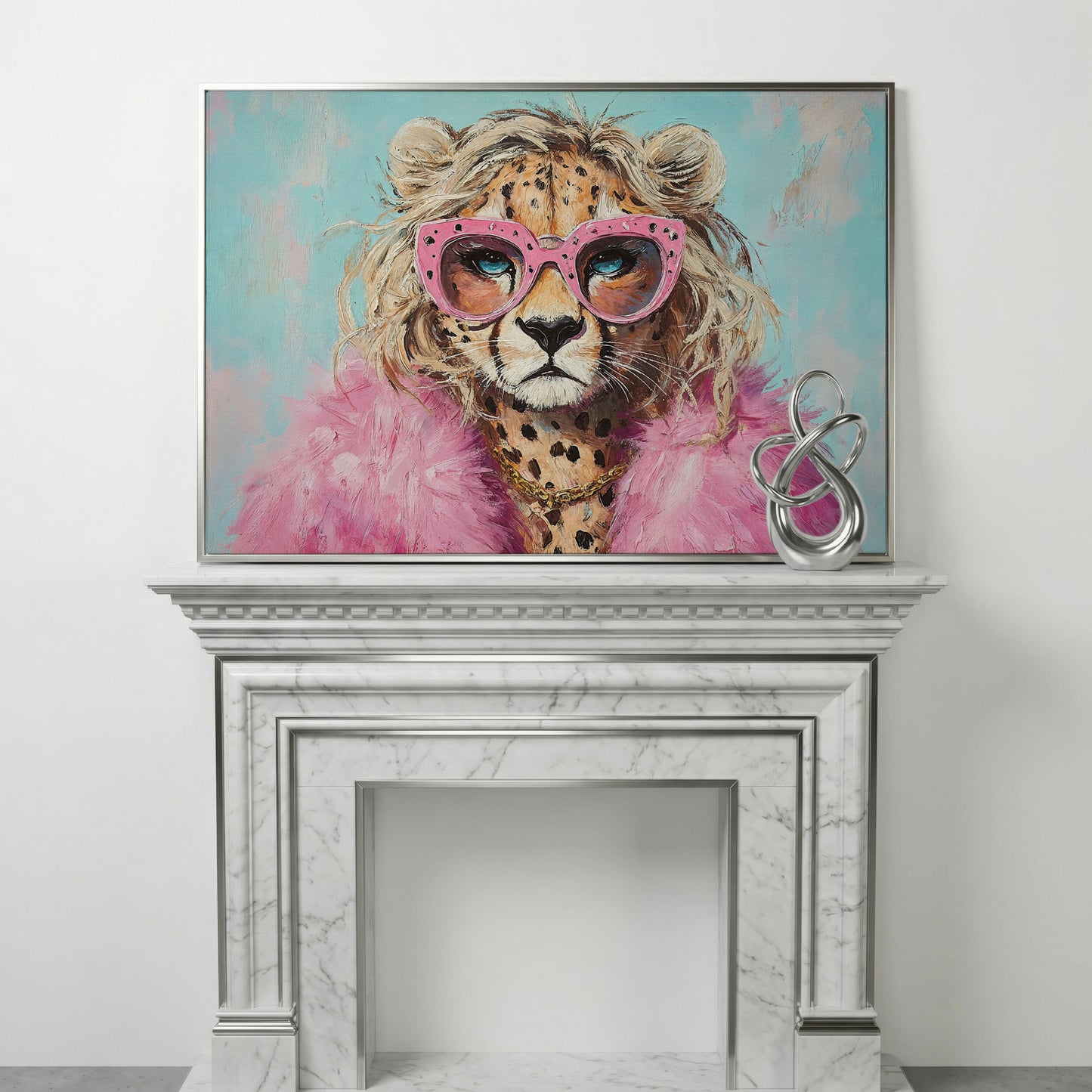 Leopard in Pink Sunglasses Canvas in silver floating frame