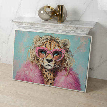 Leopard in Pink Sunglasses Canvas in white floating frame