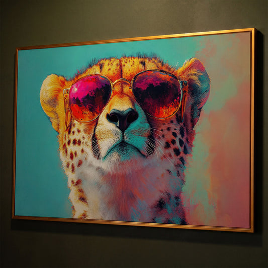 Cheetah in Sunglasses Pop Art Canvas shown in antique gold floating frame