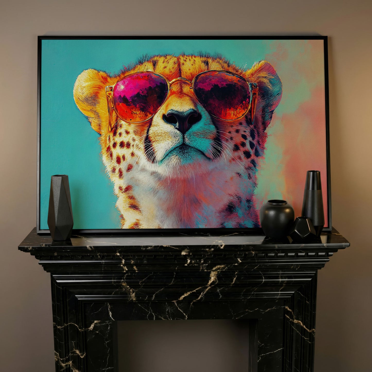 Cheetah in Sunglasses Pop Art Canvas in black floating frame