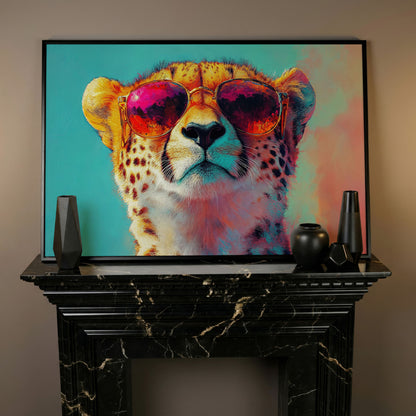 Cheetah in Sunglasses Pop Art Canvas in black floating frame
