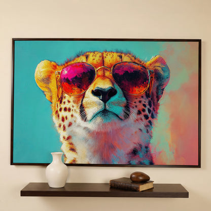 Cheetah in Sunglasses Pop Art Canvas in dark walnut floating frame