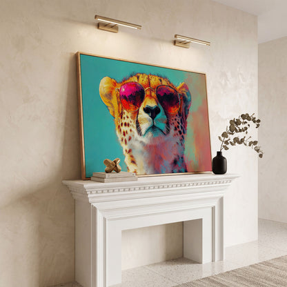 Cheetah in Sunglasses Pop Art Canvas in white oak floating frame