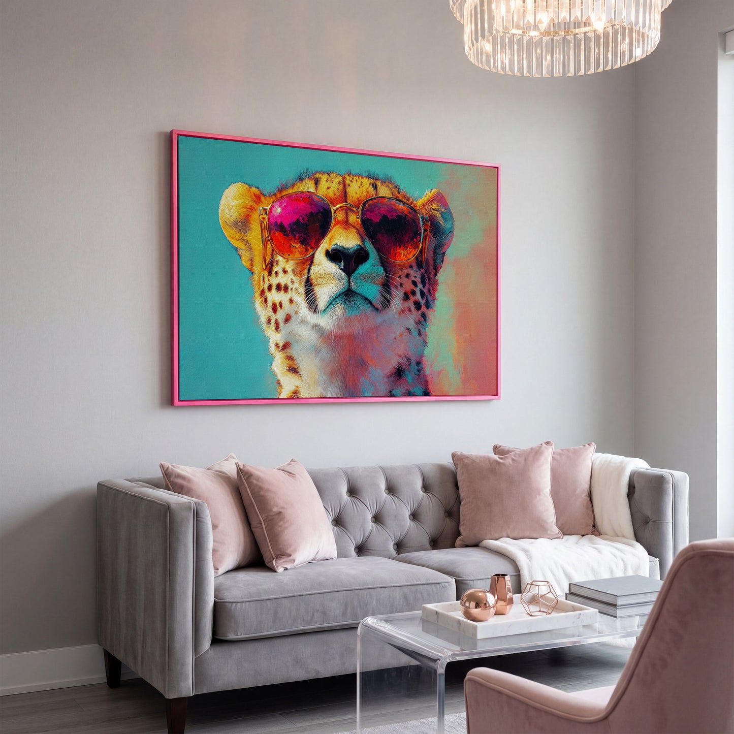 Cheetah in Sunglasses Pop Art Canvas in pink floating frame