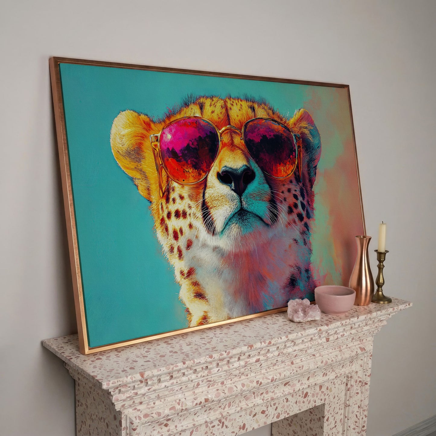 Cheetah in Sunglasses Pop Art Canvas in rose gold floating frame