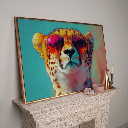 Cheetah in Sunglasses Pop Art Canvas in rose gold floating frame