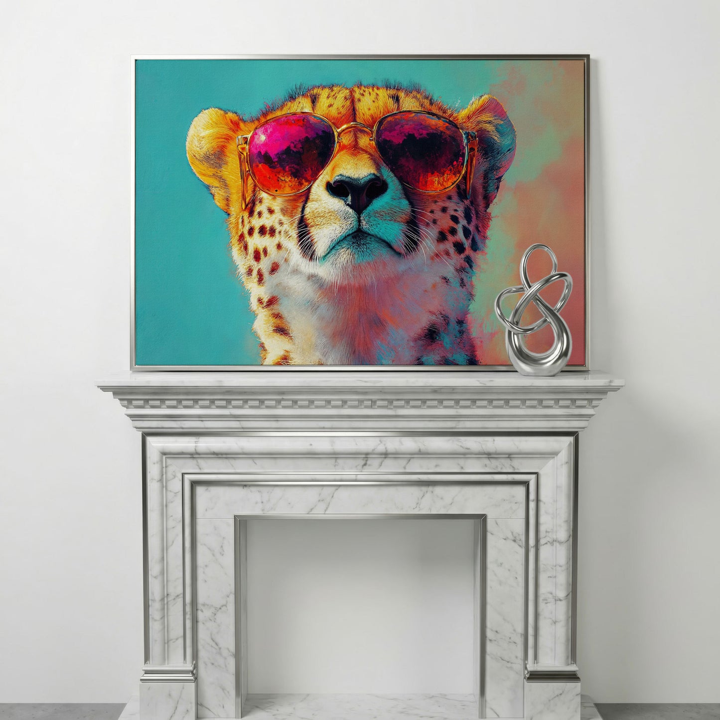 Cheetah in Sunglasses Pop Art Canvas in silver floating frame