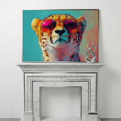 Cheetah in Sunglasses Pop Art Canvas in silver floating frame
