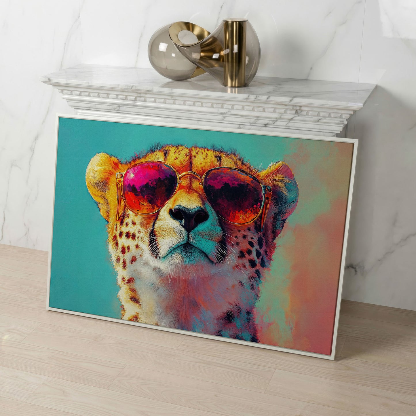 Cheetah in Sunglasses Pop Art Canvas in white floating frame