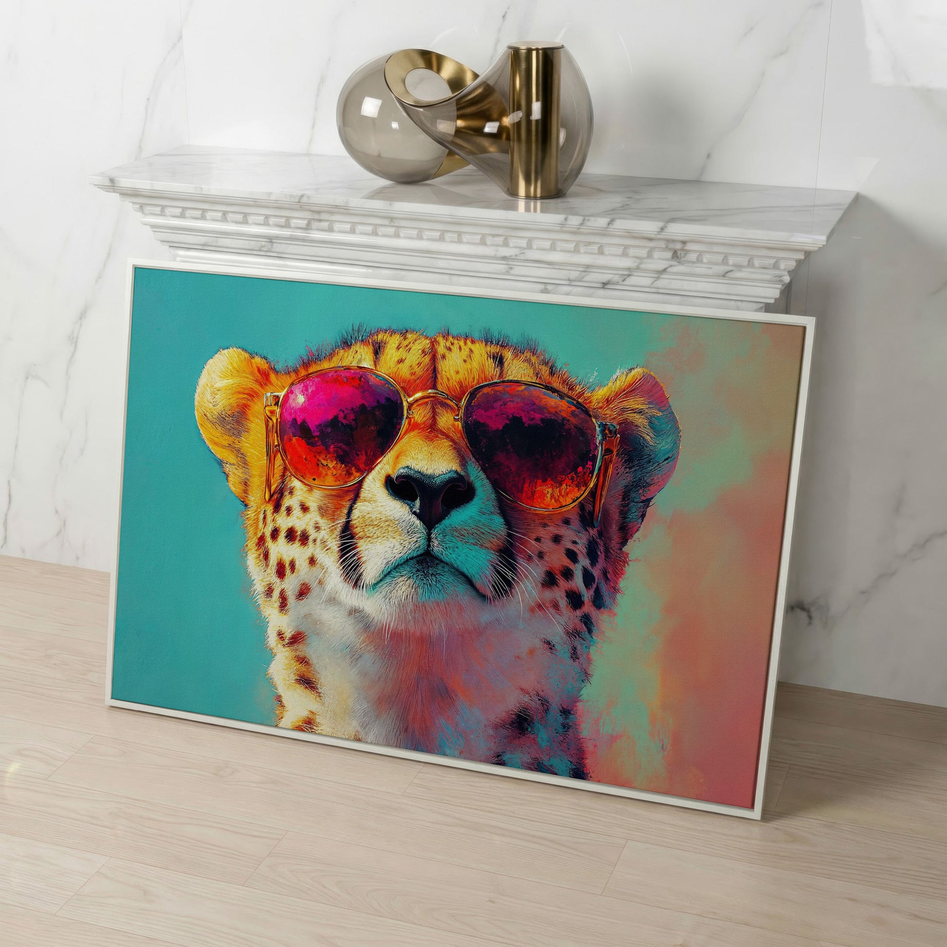 Cheetah in Sunglasses Pop Art Canvas in white floating frame