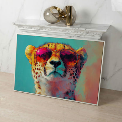 Cheetah in Sunglasses Pop Art Canvas in white floating frame