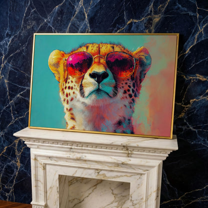 Cheetah in Sunglasses Pop Art Canvas in yellow gold floating frame