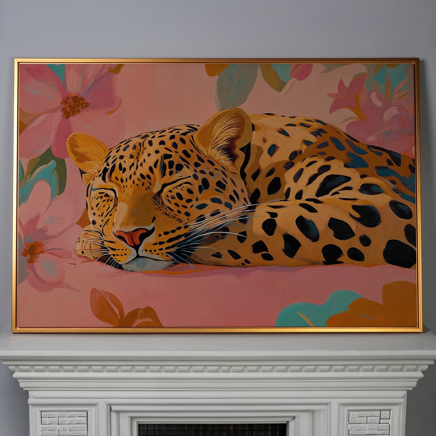 Leopard in Dusty Rose Florals Canvas Art in antique gold floating frame