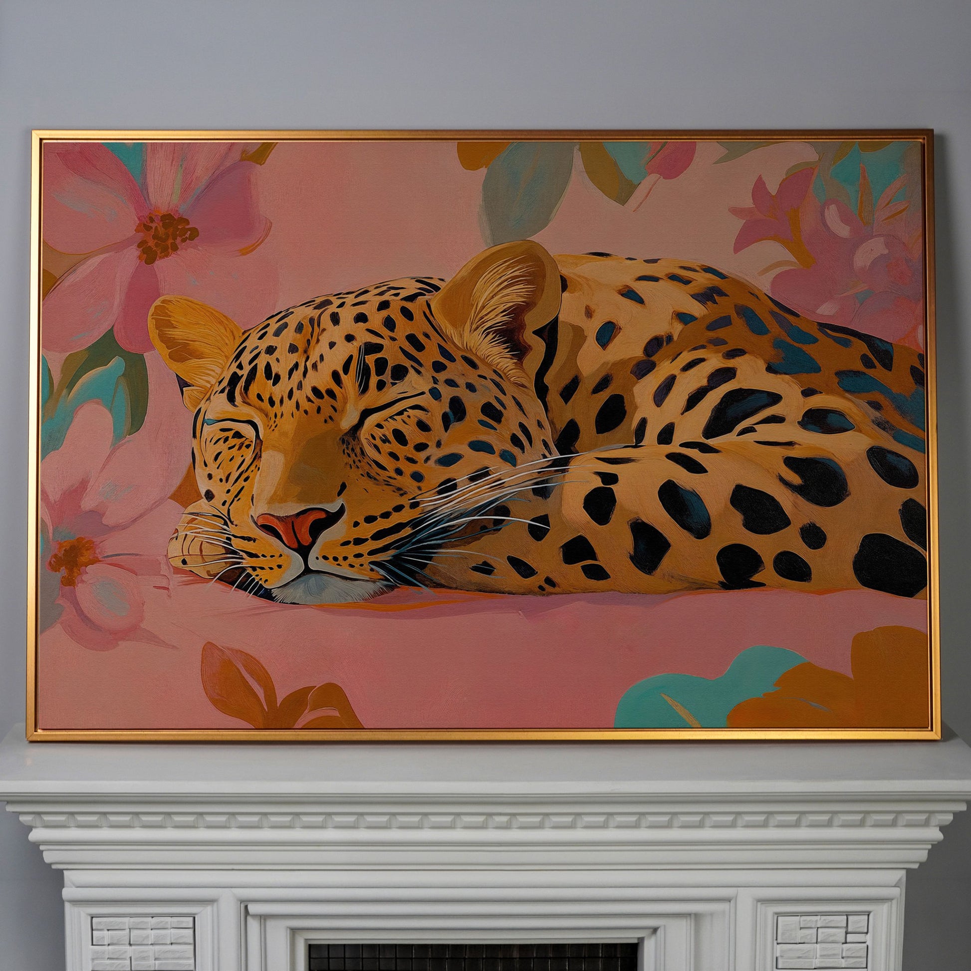 Leopard in Dusty Rose Florals Canvas Art in antique gold floating frame