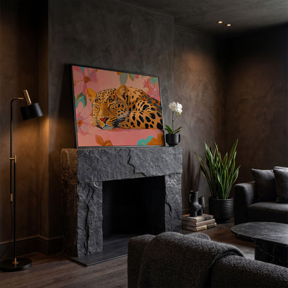 Leopard in Dusty Rose Florals Canvas Art in black floating frame