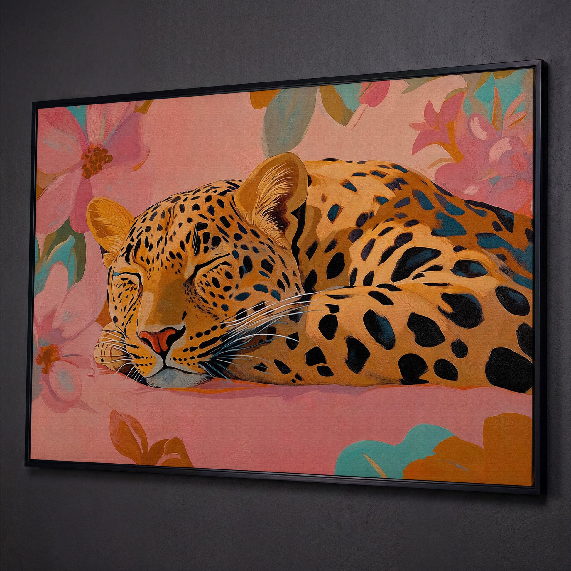 Leopard in Dusty Rose Florals Canvas Art shown in black floating frame