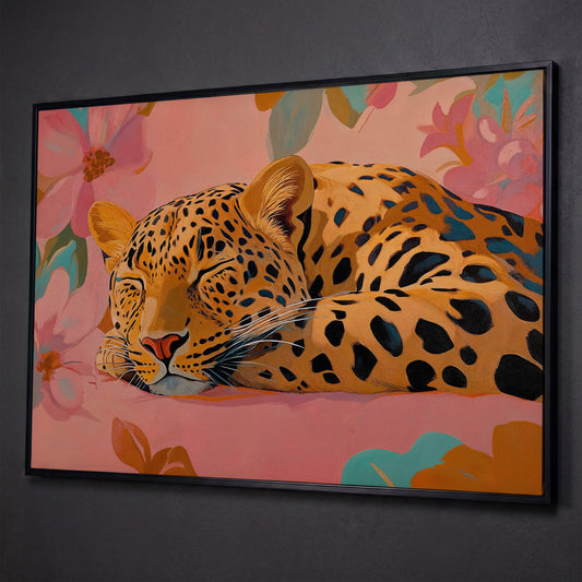 Leopard in Dusty Rose Florals Canvas Art shown in black floating frame