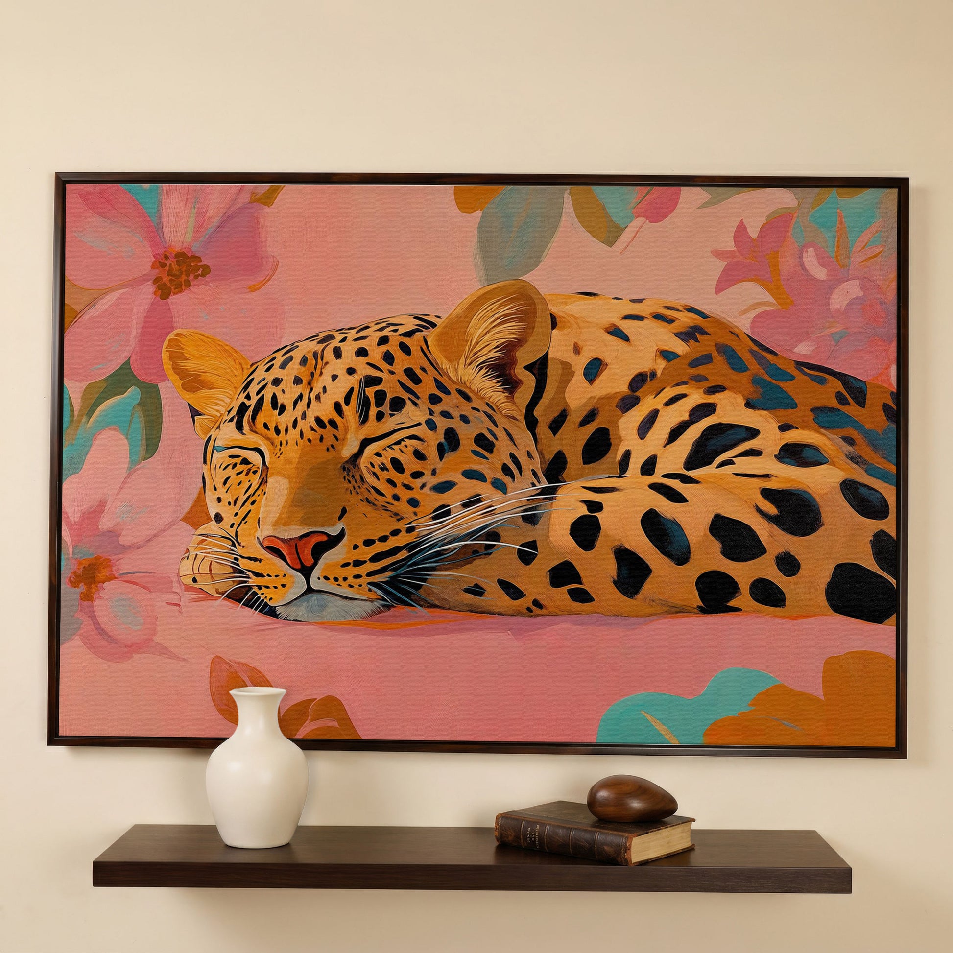 Leopard in Dusty Rose Florals Canvas Art in dark walnut floating frame
