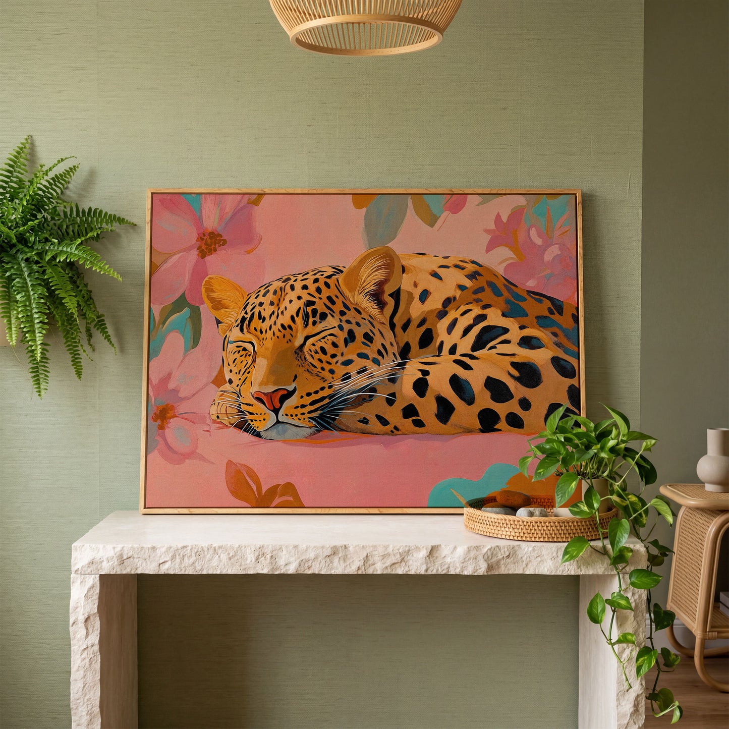 Leopard in Dusty Rose Florals Canvas Art in white oak floating frame