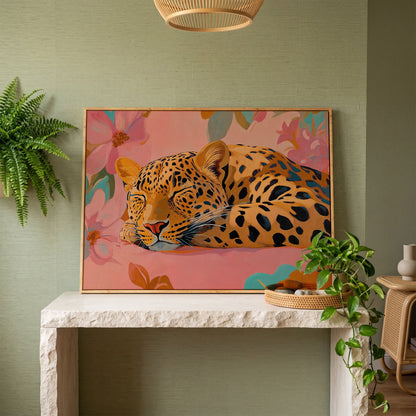 Leopard in Dusty Rose Florals Canvas Art in white oak floating frame