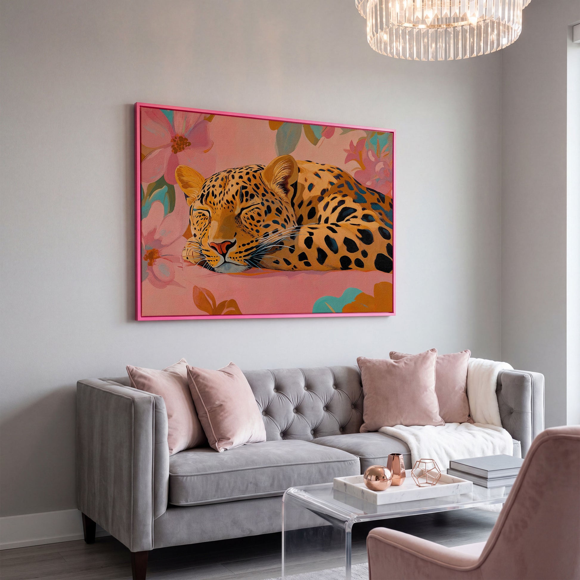 Leopard in Dusty Rose Florals Canvas Art in pink floating frame