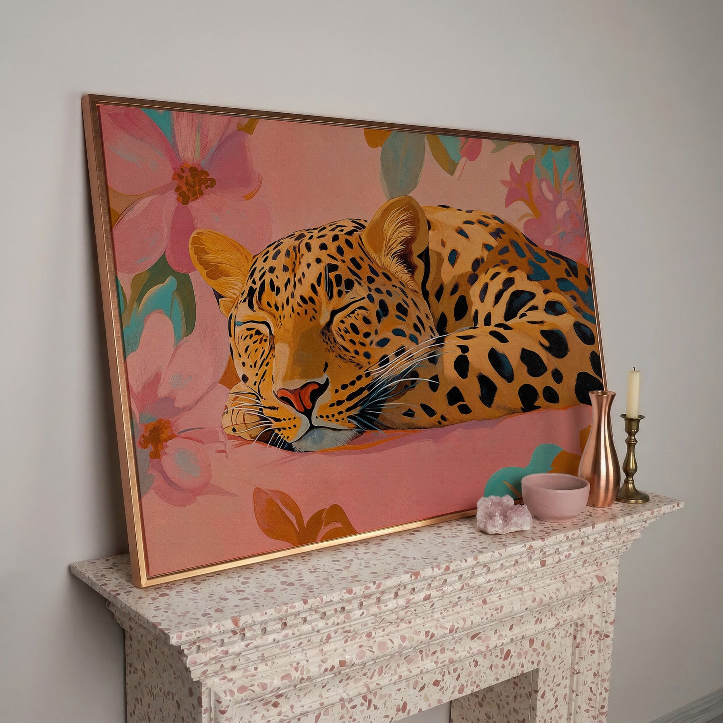 Leopard in Dusty Rose Florals Canvas Art in rose gold floating frame