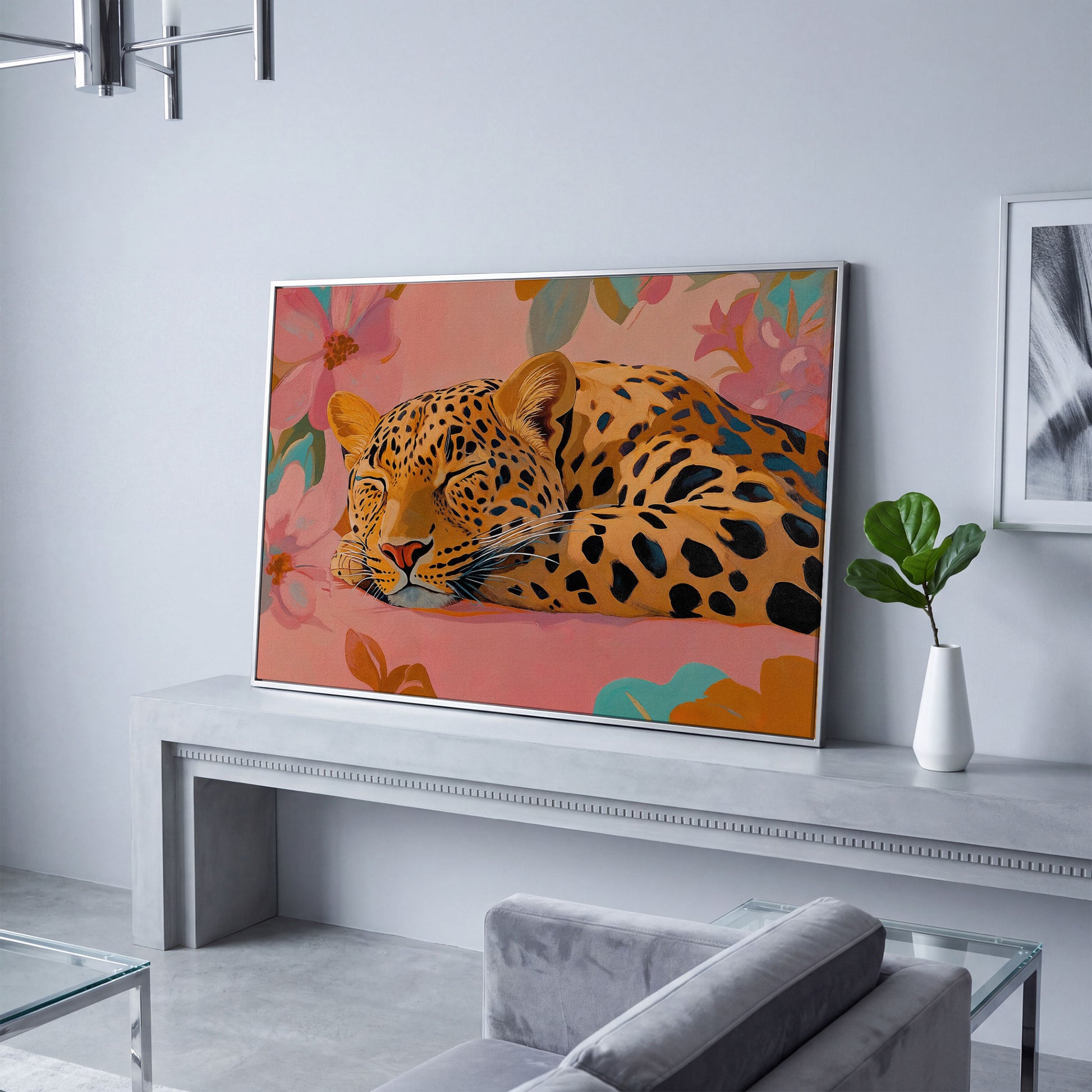 Leopard in Dusty Rose Florals Canvas Art in silver floating frame