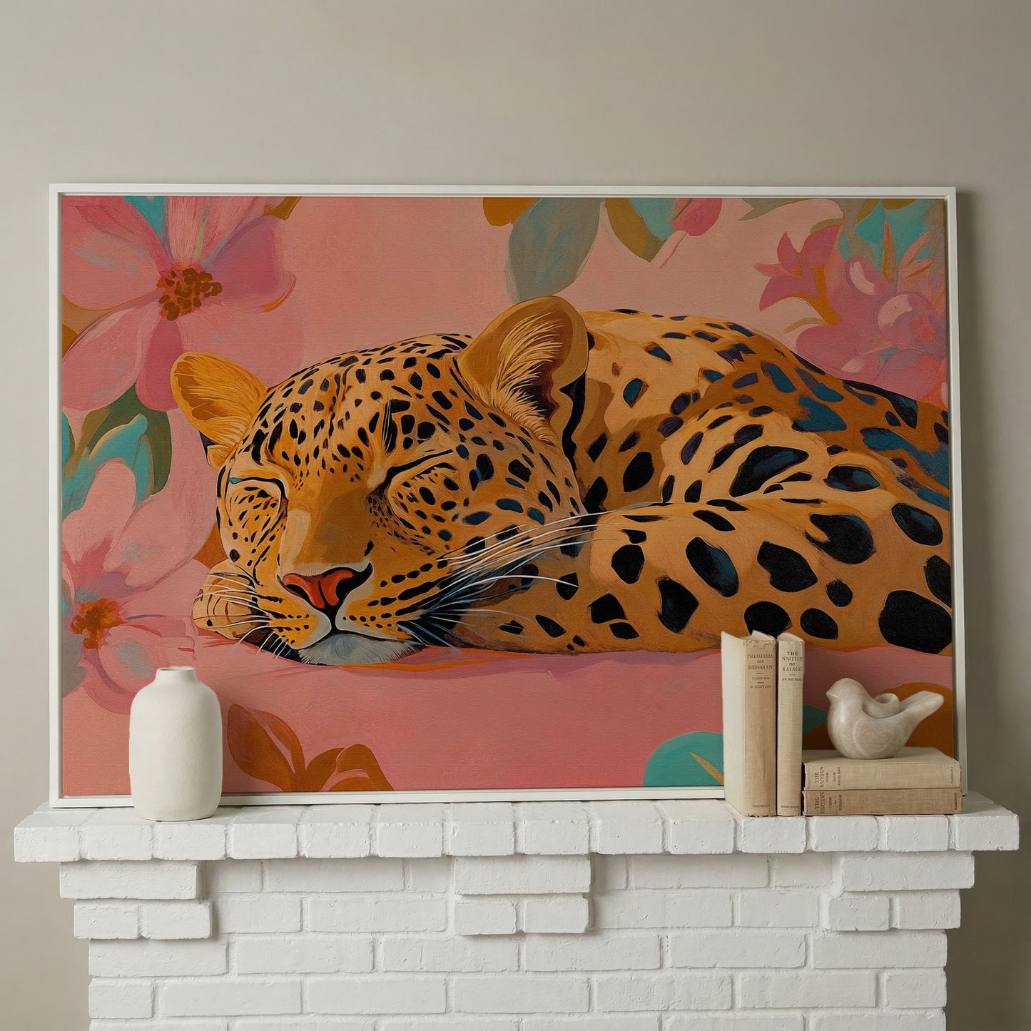 Leopard in Dusty Rose Florals Canvas Art in white floating frame