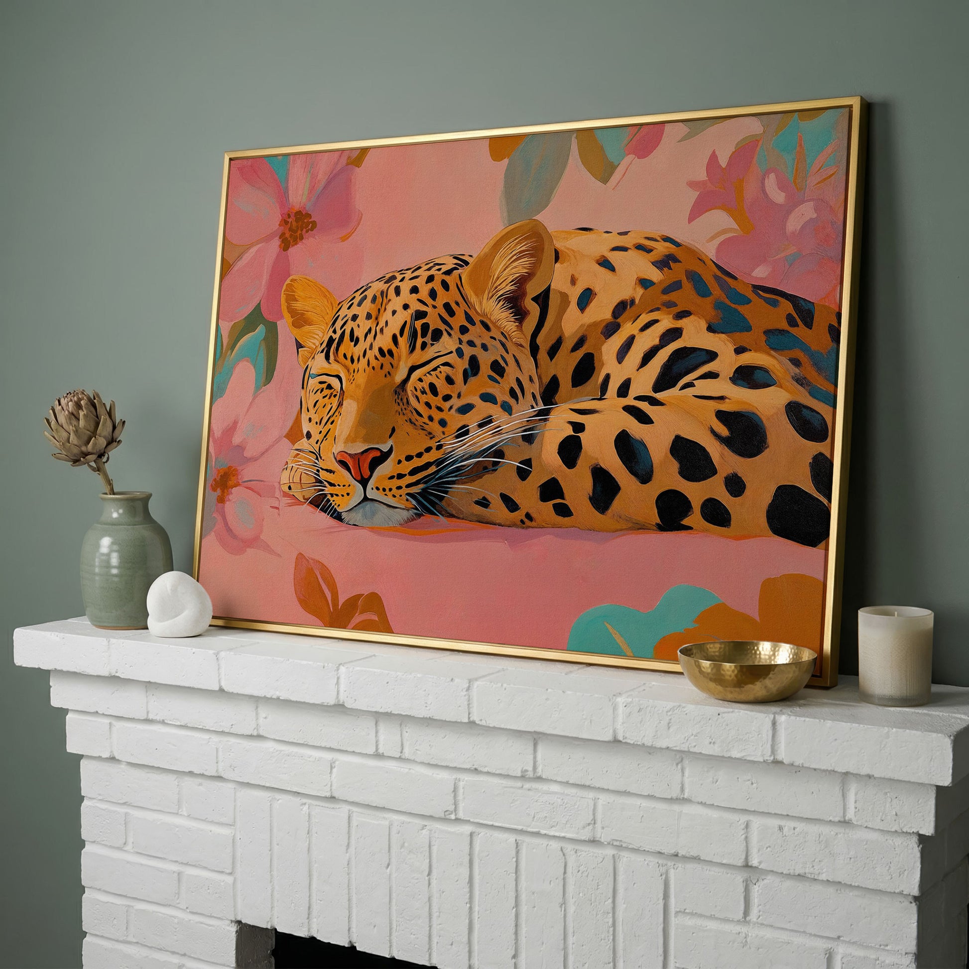 Leopard in Dusty Rose Florals Canvas Art in yellow gold floating frame