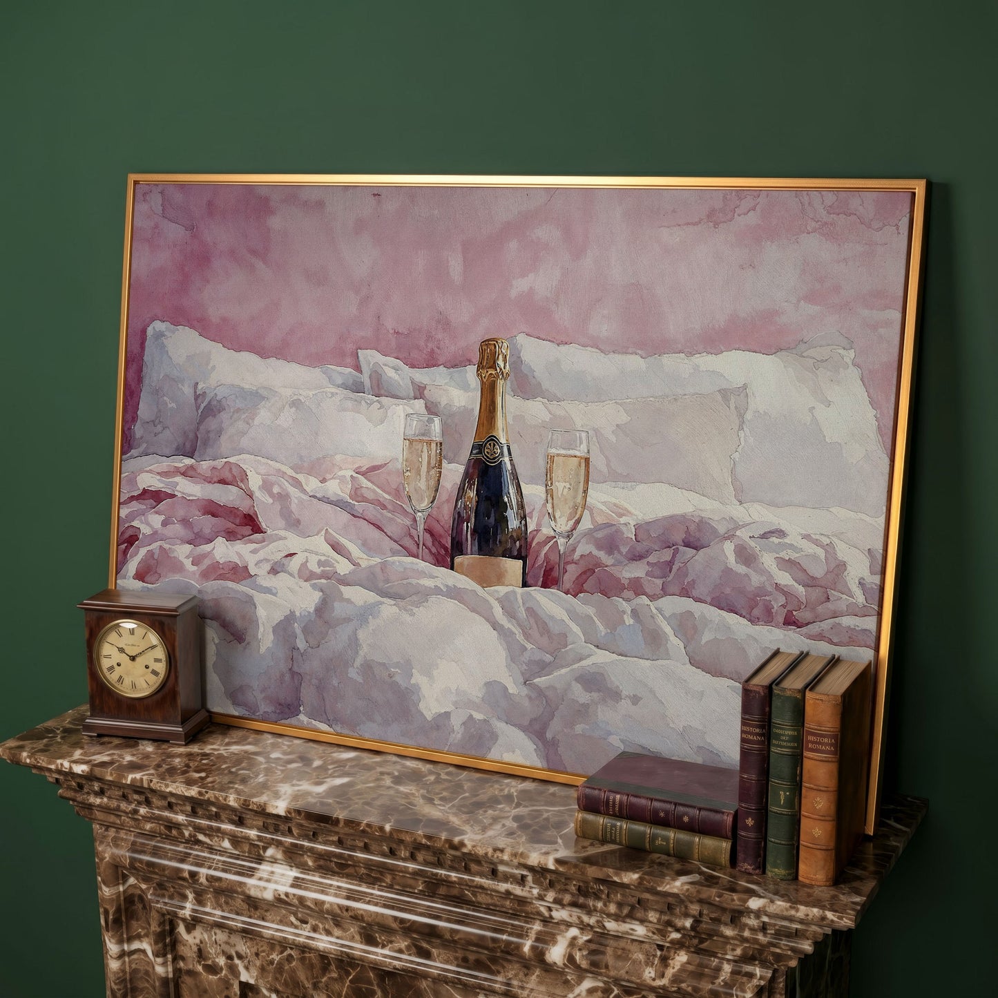 Champagne and Pink Bedding Still Life Canvas in antique gold floating frame