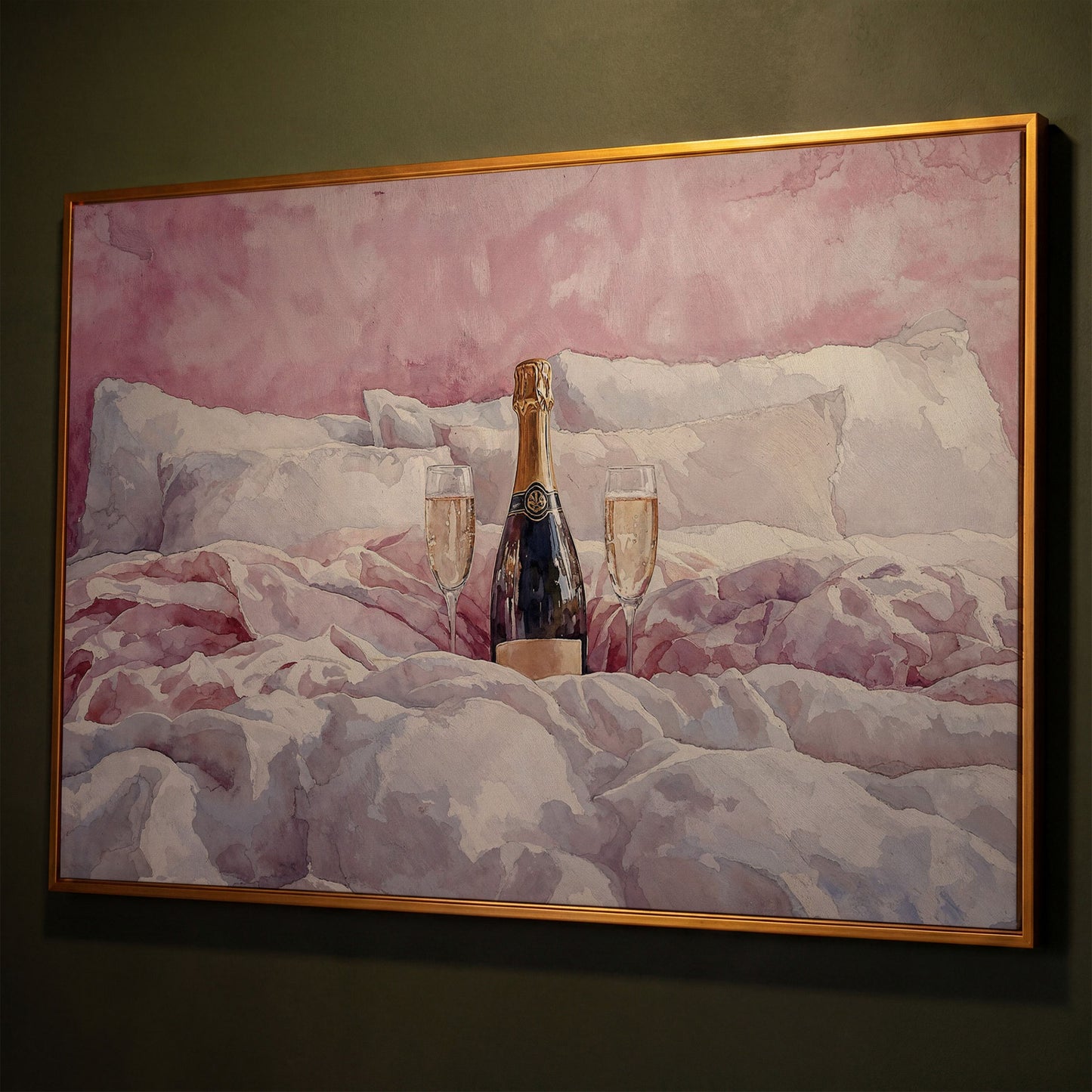 Champagne and Pink Bedding Still Life Canvas shown in antique gold floating frame
