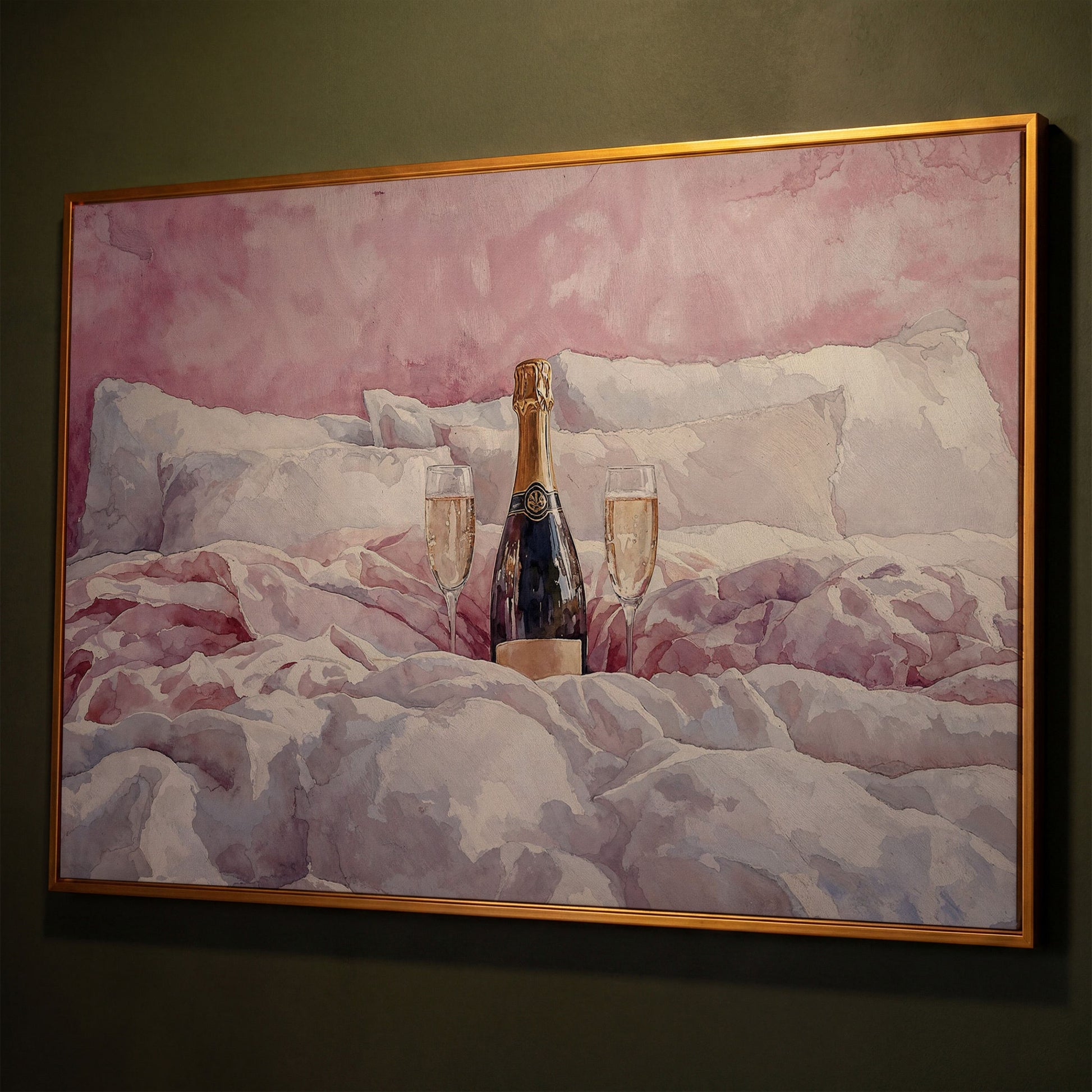 Champagne and Pink Bedding Still Life Canvas shown in antique gold floating frame