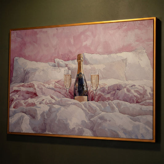 Champagne and Pink Bedding Still Life Canvas shown in antique gold floating frame