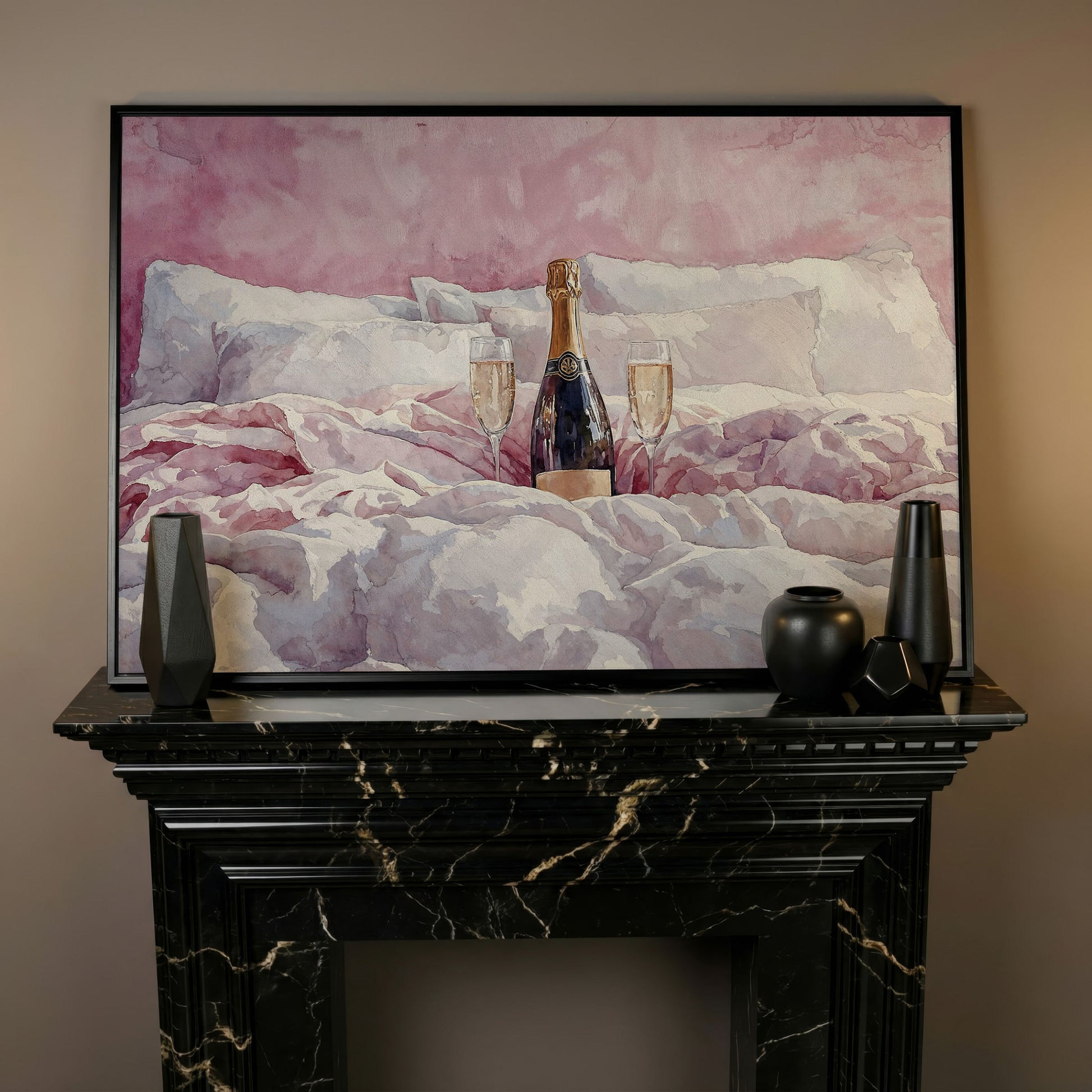 Champagne and Pink Bedding Still Life Canvas in black floating frame
