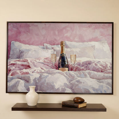 Champagne and Pink Bedding Still Life Canvas in dark walnut floating frame