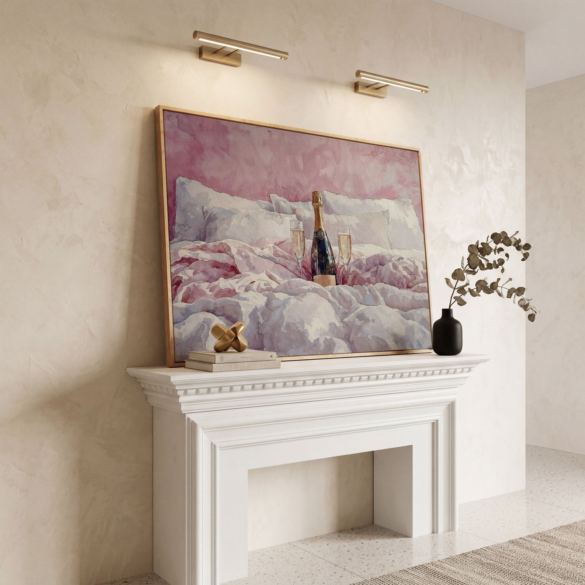 Champagne and Pink Bedding Still Life Canvas in white oak floating frame