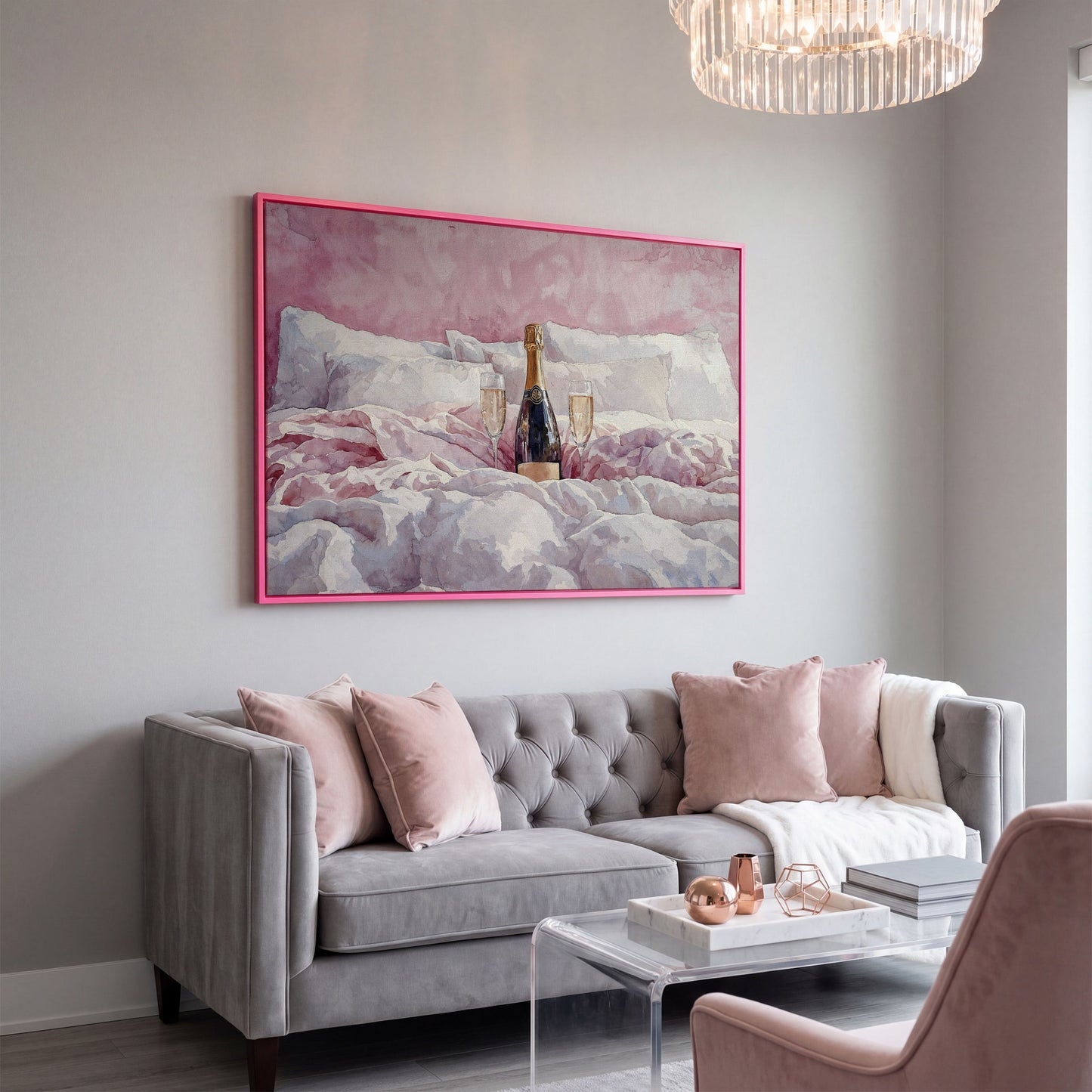 Champagne and Pink Bedding Still Life Canvas in pink floating frame