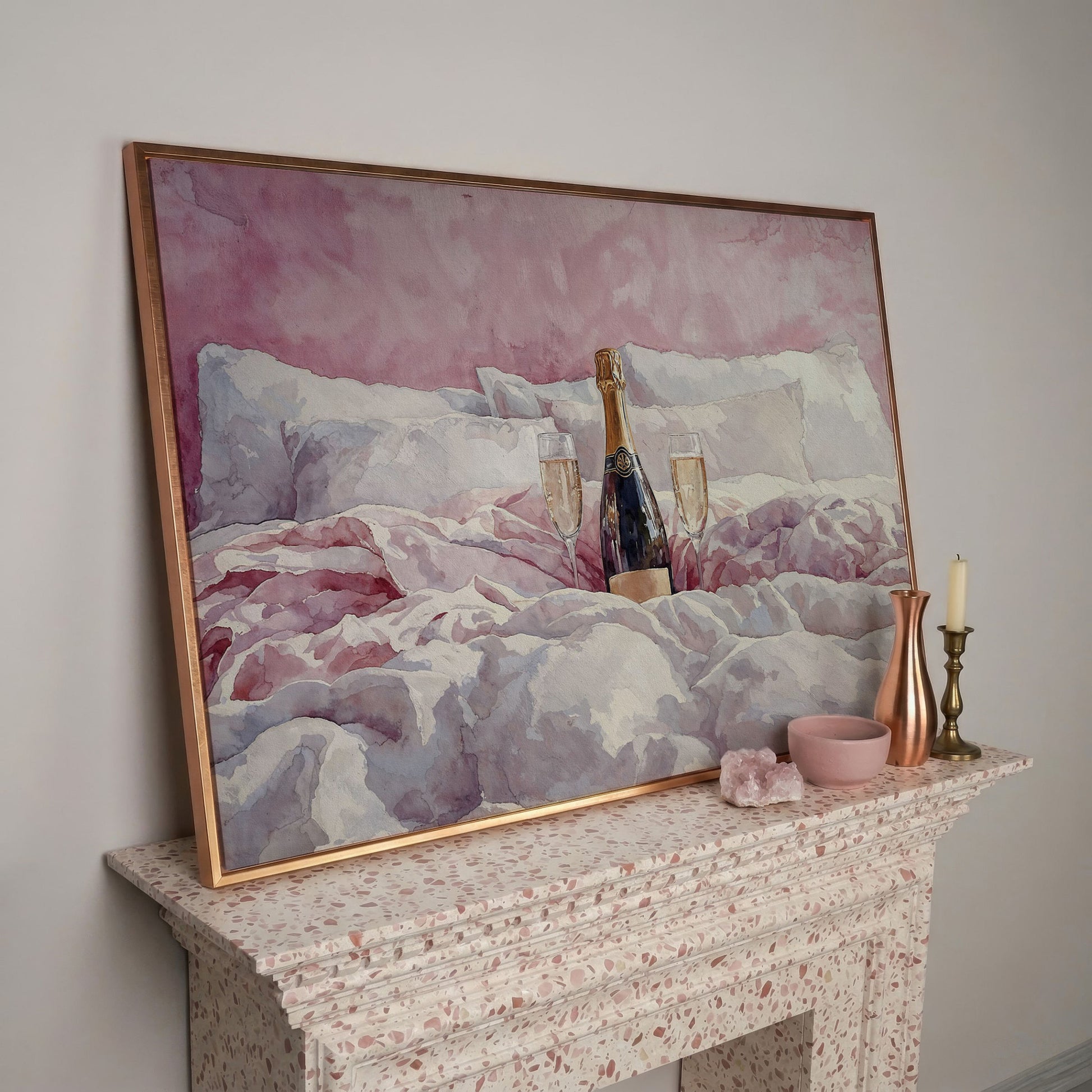 Champagne and Pink Bedding Still Life Canvas in rose gold floating frame