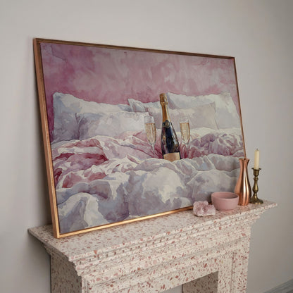 Champagne and Pink Bedding Still Life Canvas in rose gold floating frame