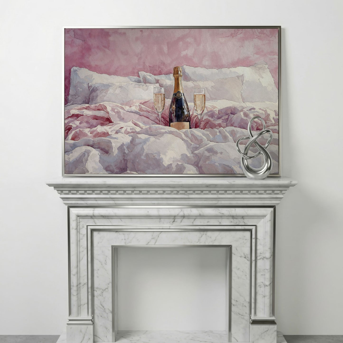 Champagne and Pink Bedding Still Life Canvas in silver floating frame