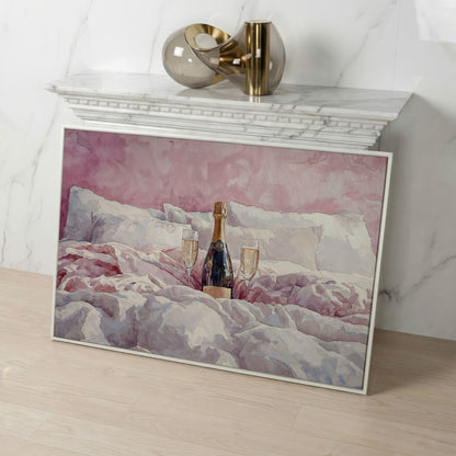 Champagne and Pink Bedding Still Life Canvas in white floating frame