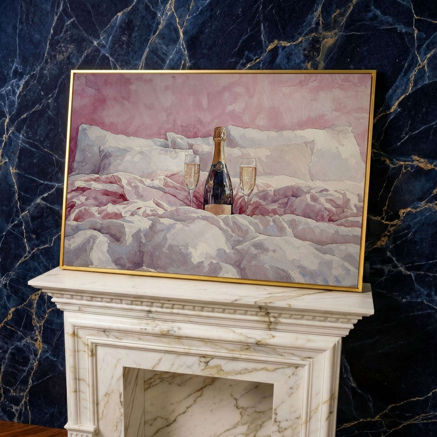 Champagne and Pink Bedding Still Life Canvas in yellow gold floating frame
