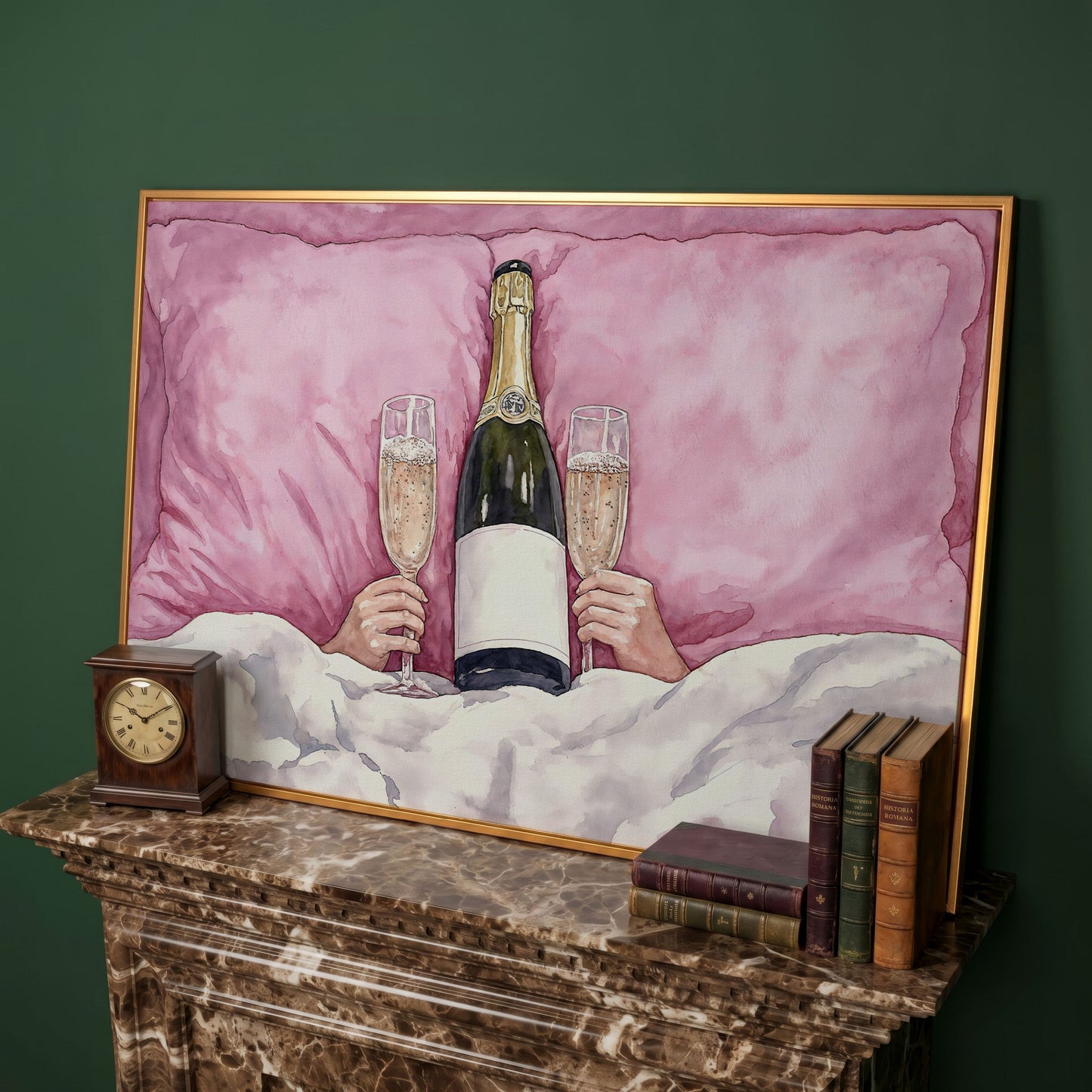 Champagne Toast Canvas Print in Blush and Gold in antique gold floating frame