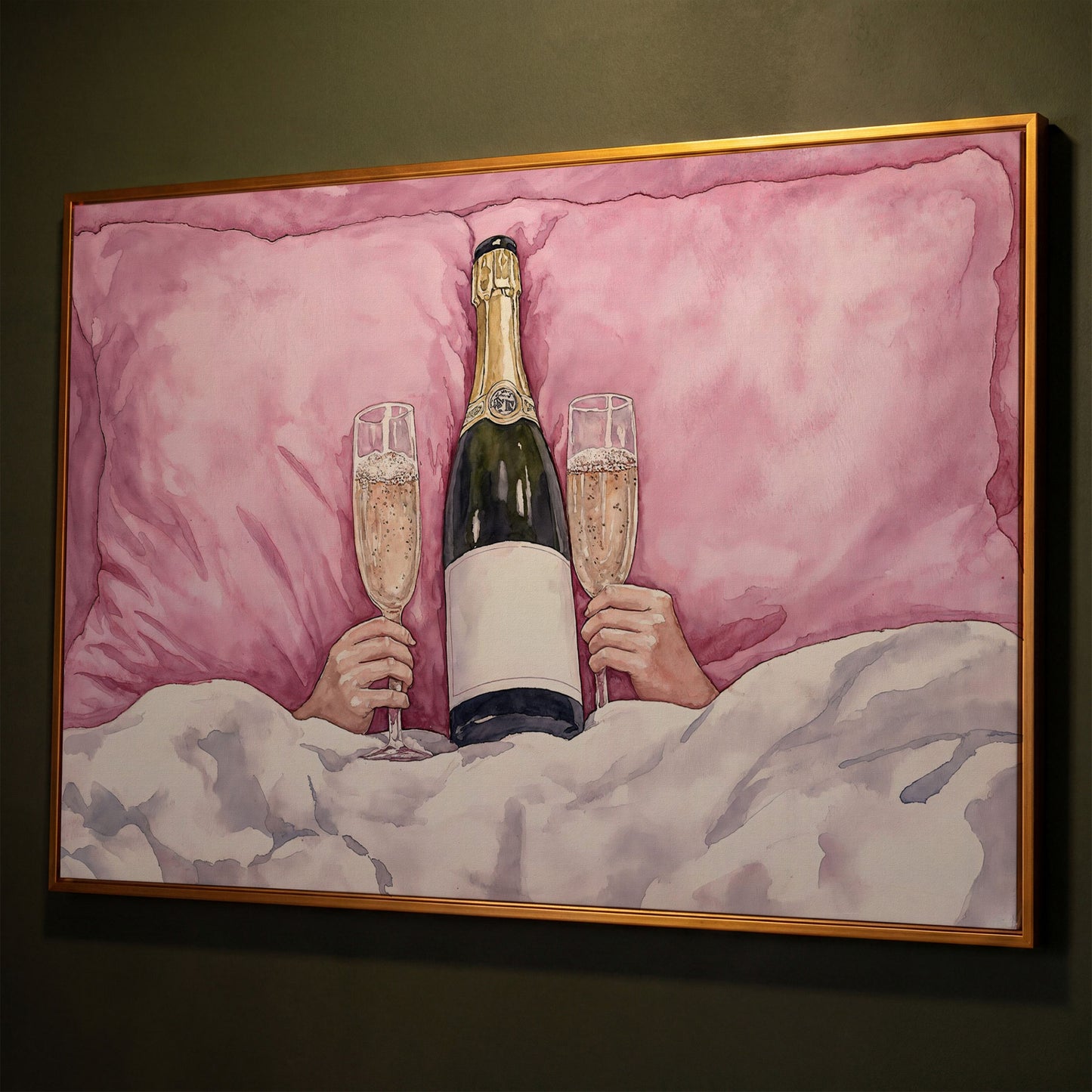 Champagne Toast Canvas Print in Blush and Gold shown in antique gold floating frame
