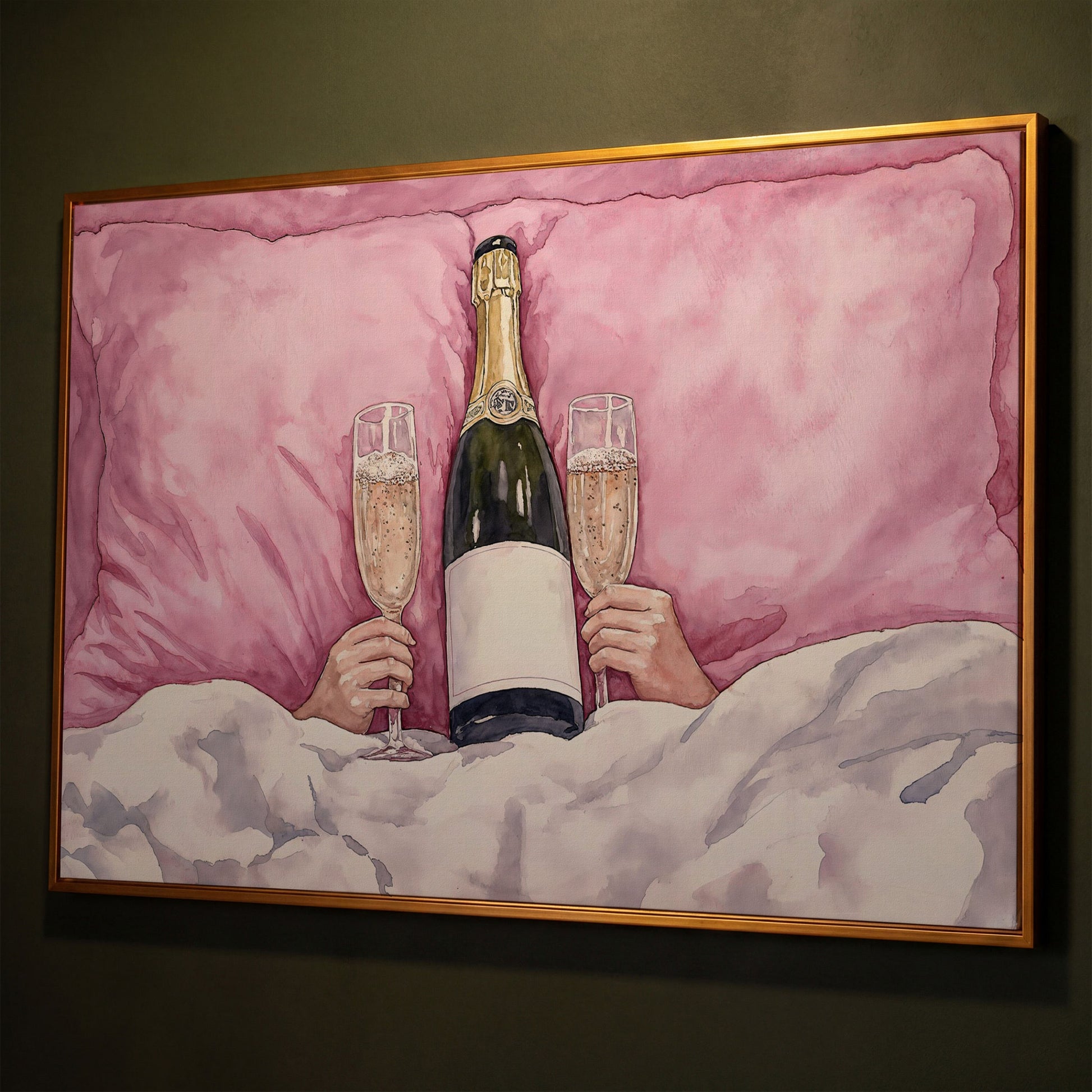 Champagne Toast Canvas Print in Blush and Gold shown in antique gold floating frame